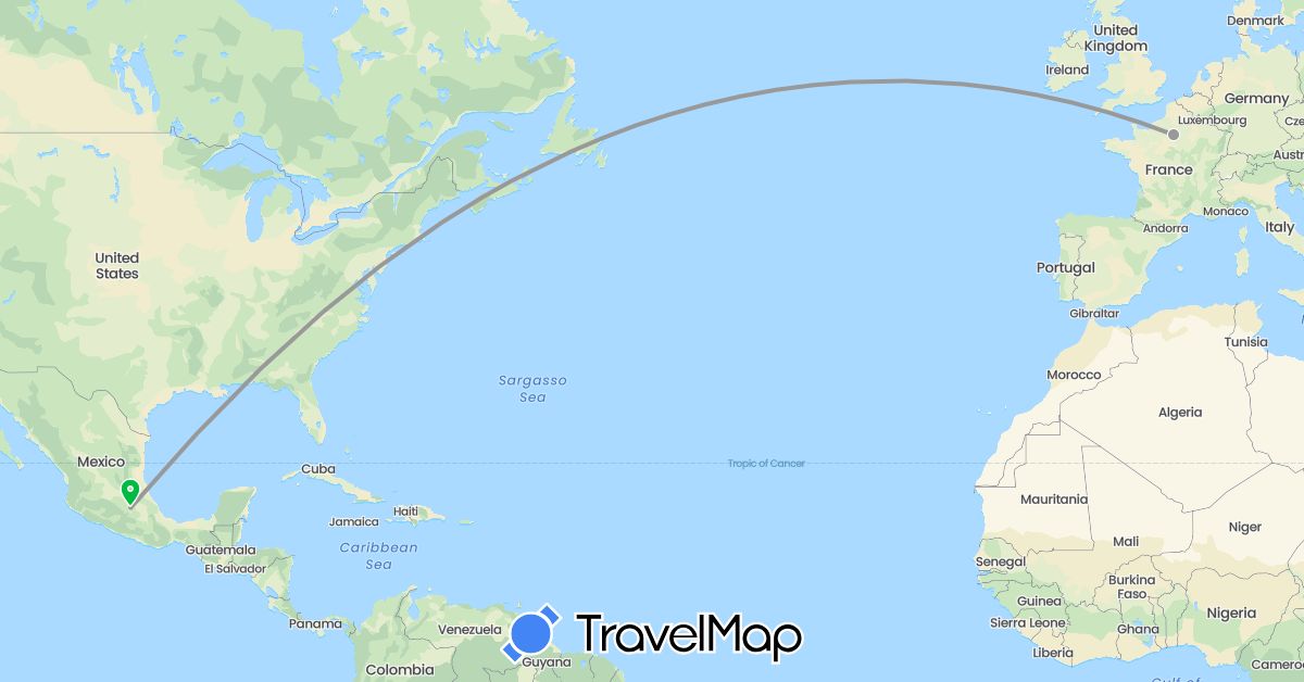 TravelMap itinerary: driving, bus, plane in France, Mexico (Europe, North America)